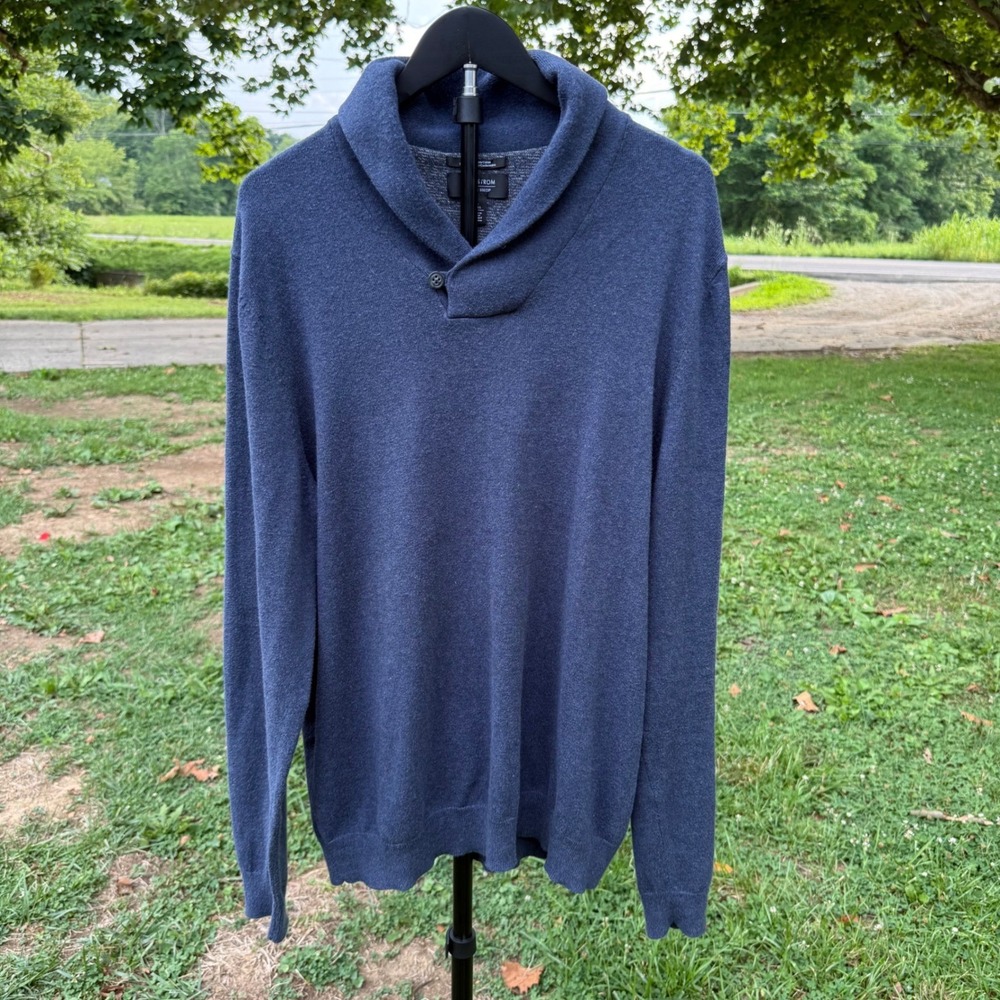 Nordstrom Mens Shop Blue Cotton Cashmere Shawl Collar Sweater Large Tall L Tall